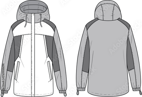Technical fashion sketch, hooded jacket design, garment construction, streetwear apparel, zipper detail, elastic cuffs, back view, front view, layered panels