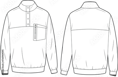 Technical flat sketch, sweatshirt design, pullover illustration, fashion drawing, garment template, apparel mockup, ribbed cuffs, zipper pocket, high collar, menswear