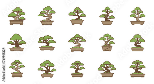 Japanese Bonsai Trees Collection Vector Art Illustration