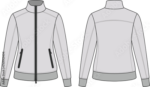 Technical jacket sketch, fashion flat drawing, front and back view, zipper pockets, ribbed hem, garment design, apparel template, outerwear illustration