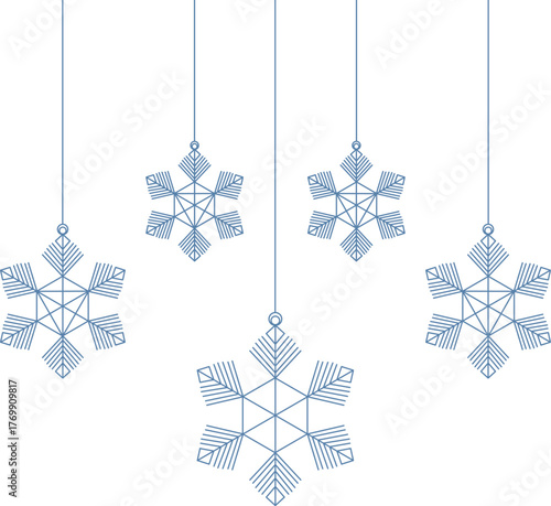 Geometric blue snowflakes ornaments vector border, hanging christmas top frame decoration.