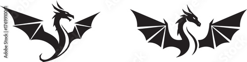 Stylized Black Dragon Silhouettes with Angular Wings and Elegant Curves