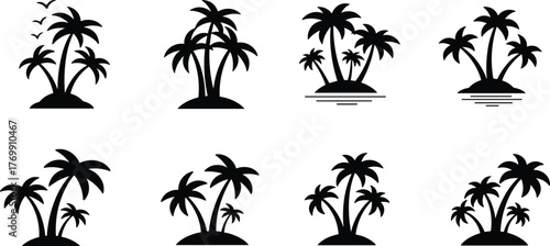Tropical island silhouette, palm tree clipart, beach icon set, summer vacation graphic, exotic nature scene, travel design element, black illustration