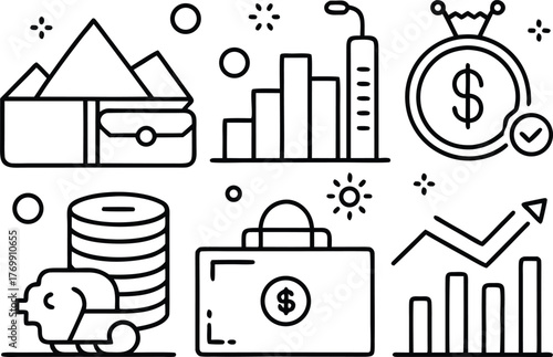 Collection of 24 minimal line art icons representing finance business and investments