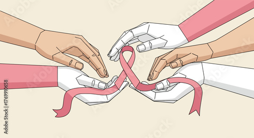 Diverse group of hands holding a pink ribbon symbolizing breast cancer awareness and support isolated on transparent background