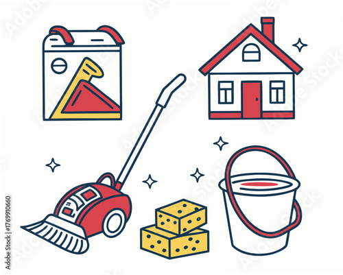 Illustration of cleaning supplies and a house