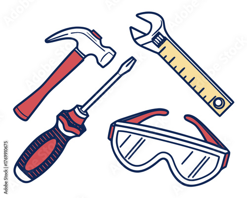 Illustration of hand tools including hammer, screwdriver, wrench, and safety glasses