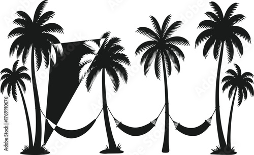 Tropical palm tree silhouette, beach hammock scene, relaxing island retreat, summer vacation vibe, black and white illustration, peaceful outdoor paradise