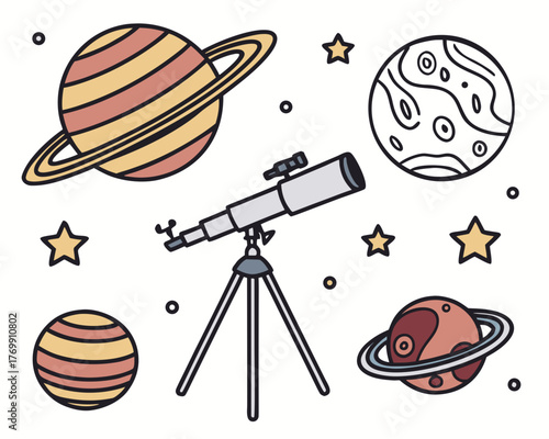 Planets and a telescope illustration, astronomy theme