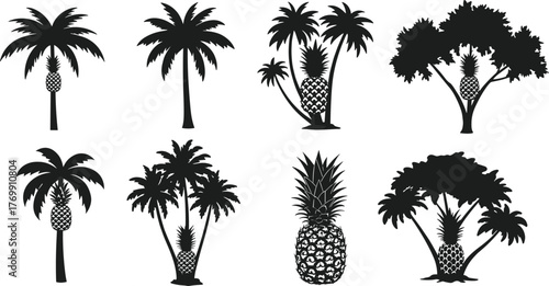 Tropical pineapple palm tree silhouette, exotic summer icon, island fruit vector, black graphic, beach design, paradise clipart, vacation art