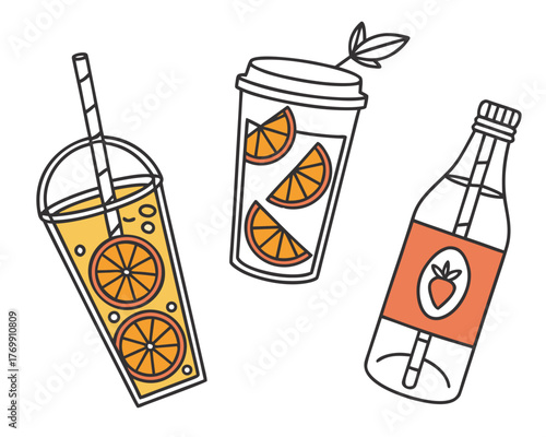 Refreshing orange drinks in various containers
