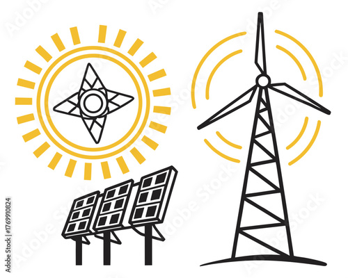 Renewable energy sources solar panel, wind turbine and sun