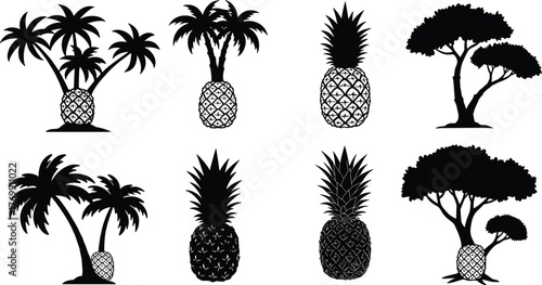 Tropical silhouette illustration, pineapple tree fusion, palm tree art, exotic nature design, surreal landscape, acacia tree, black vector set