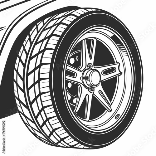 Closeup of a car wheel, showcasing its design