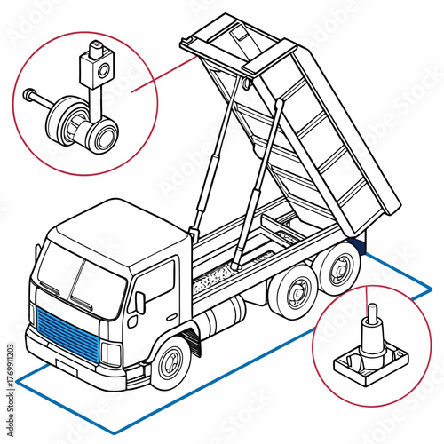 Illustration of a dump truck with hydraulic system details