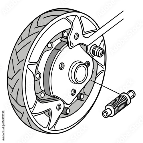 Illustration of a motorcycle wheel with brake assembly