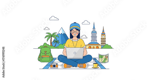 Digital nomad cartoon woman with laptop before world landmarks backpack camera map and coffee