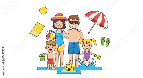 Family at beach couple kids sandcastle umbrella beach ball sun towel flip flops