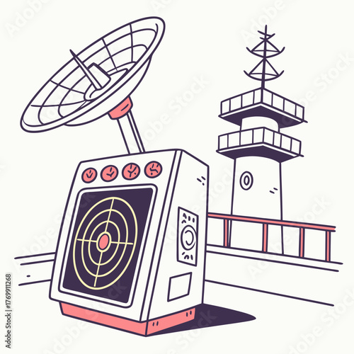 Illustration of a radar system and a control tower