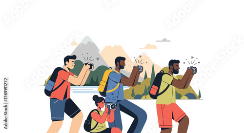 Four people hiking and photographing mountains cartoon style