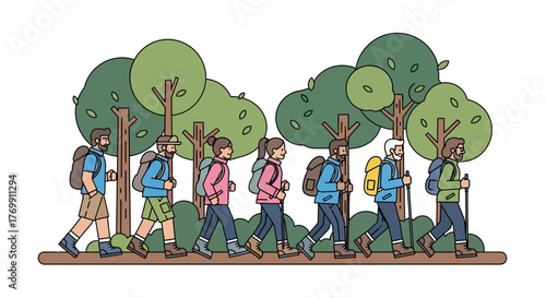 Group of hikers walking through a forest wearing backpacks and using walking sticks