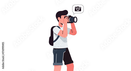 Man with camera taking photo has backpack thought bubble with camera symbol
