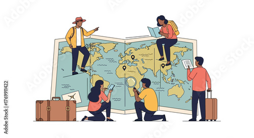 People planning travel routes with a large map luggage and various tools
