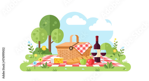 Picnic scene blanket wine basket cheese fruit under trees and blue sky