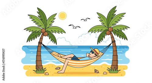Person relaxing in a hammock on a beach between two palm trees