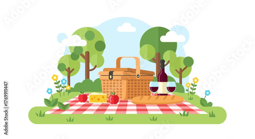 Picnic scene with basket wine  snacks on a red  white checkered blanket in a parklike setting