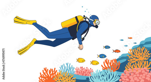 Scuba diver swims by coral reef with fish