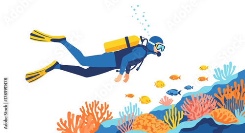 Scuba diver swims near a reef with fish and coral