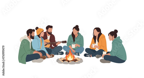 Six people sit around a campfire one plays guitar others hold mugs