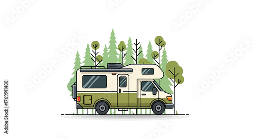 RV sits amidst trees showcasing its design  outdoor setting