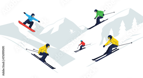 Skiers and snowboarder on snowy mountain slopes with white trees in background