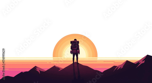 A person with a large backpack stands atop a mountain silhouetted against an orange sun
