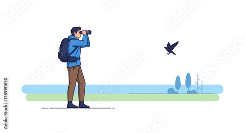 A person with binoculars observes a bird in nature