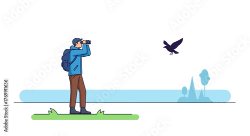 A person with binoculars observes a dark bird in an outdoor setting