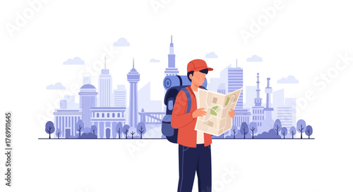 A traveler with a backpack reads a map against an urban cityscape backdrop