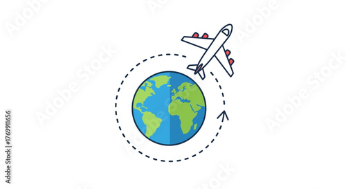 An airplane is flying in a dottedline orbit around a cartoon globe