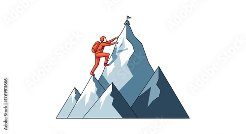 An orangeclad climber scales a blue snowcapped mountain with a flag at its peak