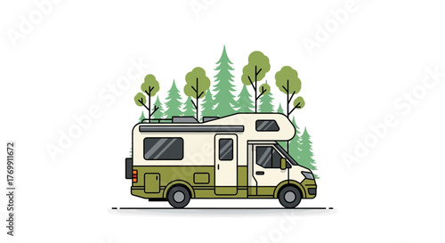 An illustration shows a recreational vehicle RV parked against a backdrop of stylized green trees