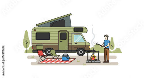 An RV campsite scene with camper fire pit picnic blanket  man roasting a marshmallow