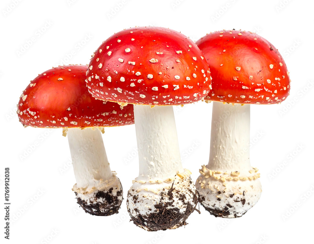 Obraz premium Three red mushrooms with white spots stand against a black background