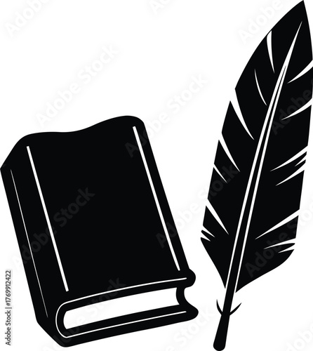 Vintage open book with a quill feather historical writing illustration