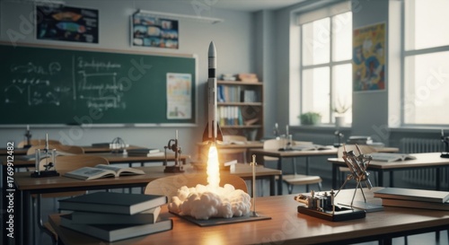 Model Rocket Launching in Classroom with Science Equipment and Educational Posters