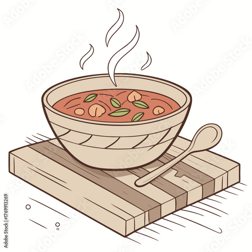 A bowl of hot soup on a wooden board