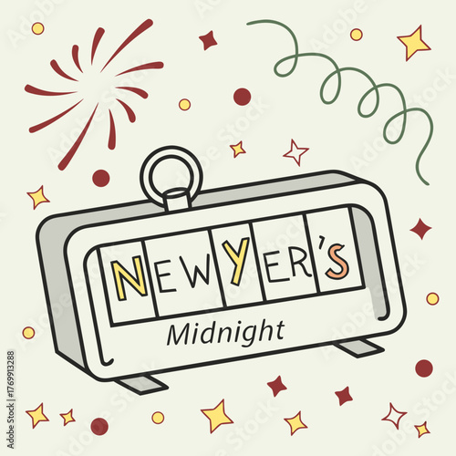 A new years eve countdown clock with fireworks and confetti around it