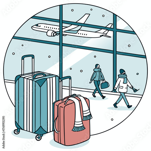 A winter travel scene with luggage, people, and airplane