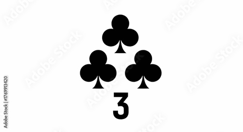 Illustration of three of clubs card with three black trefoil shapes and the number three below them